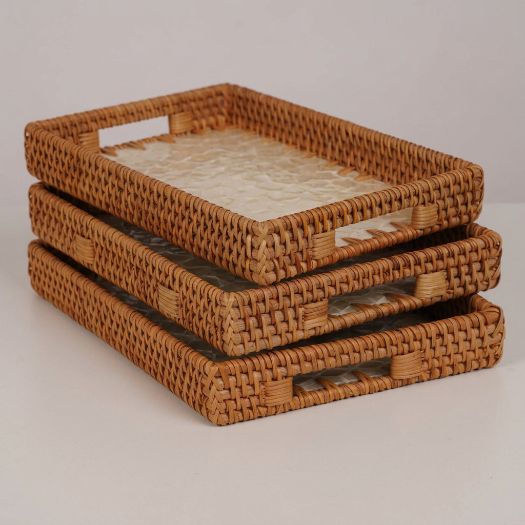 Miel (SET OF 3) — Mother of Pearl Rattan Tray set, Rectangle