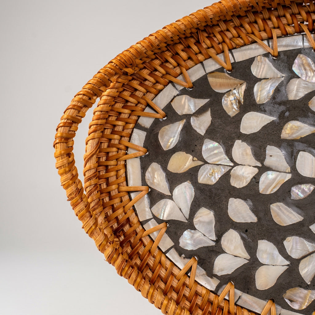 The Nacre (SET OF 3)— Handwoven Rattan Tray with Mother of Pearl Inlay, Oval