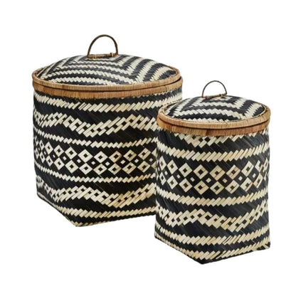 The Nuit (Set of 2) — Handwoven Bamboo Baskets with Lid & Leather Handle
