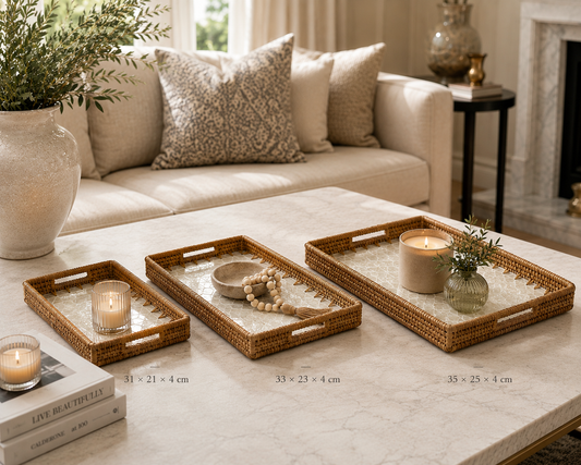 Miel (SET OF 3) — Mother of Pearl Rattan Tray set, Rectangle