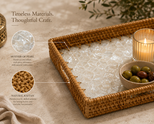 Miel (SET OF 3) — Mother of Pearl Rattan Tray set, Rectangle