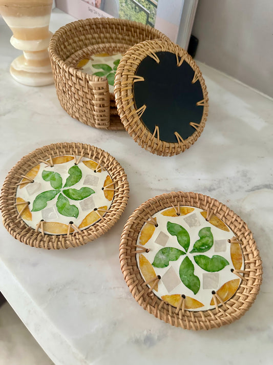 The Perle (SET OF 6 & Holder)— Rattan Coaster with Mother of Pearl Inlay and Rattan Holder