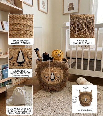 Léo — Handwoven Lion Basket, Water Hyacinth with Cotton Lining