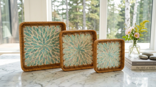 Opale (SET OF 3) — Mother of Pearl Rattan Tray set, Square