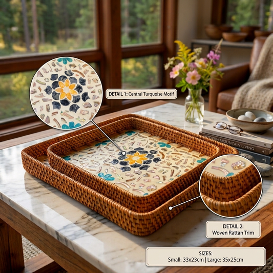 Corail (SET OF 2) — Mother of Pearl Rattan Tray set, Rectangle