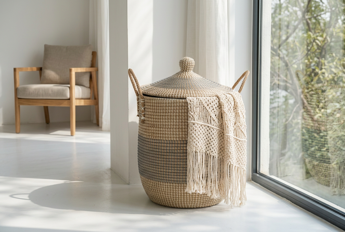 The Lune: Our unique lidded handwoven Seagrass Basket in blue and cream.