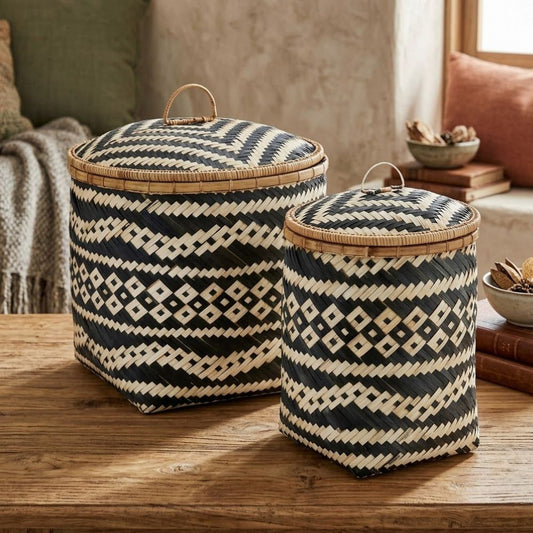 The Nuit (Set of 2) — Handwoven Bamboo Baskets with Lid & Leather Handle
