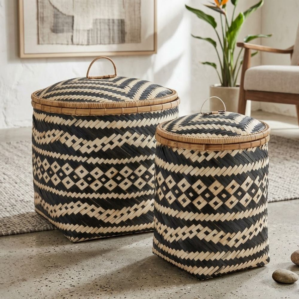 The Nuit (Set of 2) — Handwoven Bamboo Baskets with Lid & Leather Handle