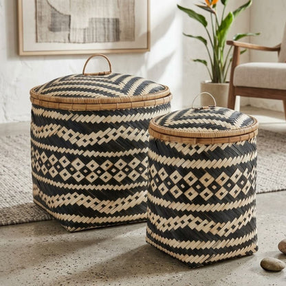 The Nuit (Set of 2) — Handwoven Bamboo Baskets with Lid & Leather Handle