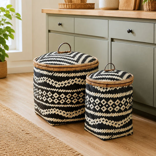 The Nuit (Set of 2) — Handwoven Bamboo Baskets with Lid & Leather Handle
