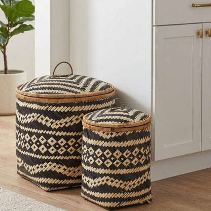 The Nuit (Set of 2) — Handwoven Bamboo Baskets with Lid & Leather Handle