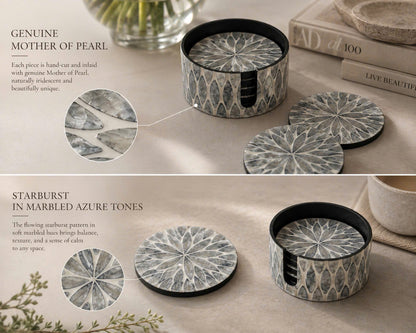 The Azure (SET OF 6)— Grey-Blue Mother of Pearl Coaster with Holder