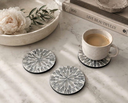 The Azure (SET OF 6)— Grey-Blue Mother of Pearl Coaster with Holder