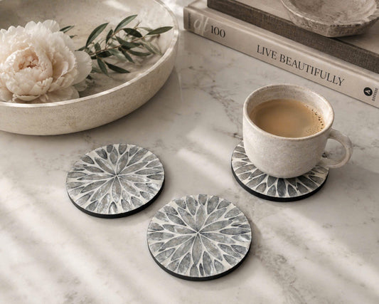 The Azure (SET OF 6 & Holder)— Grey-Blue Mother of Pearl Coaster with Holder
