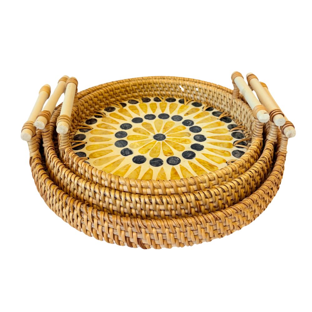 Le Soleil — Ensemble de 3 Plateaux en Rotin Nacre (Ronds)