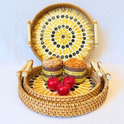 Le Soleil — Ensemble de 3 Plateaux en Rotin Nacre (Ronds)