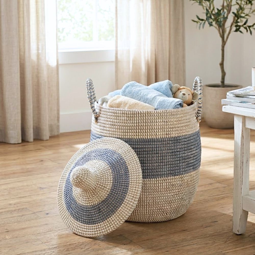 The Lune: Our unique lidded handwoven Seagrass Basket in blue and cream.