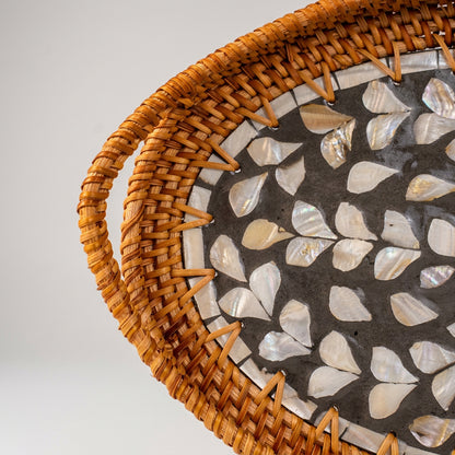 The Nacre (SET OF 3)— Handwoven Rattan Tray with Mother of Pearl Inlay, Oval