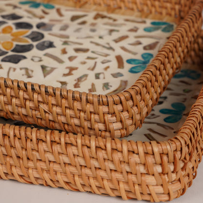 Corail (SET OF 2) — Mother of Pearl Rattan Tray set, Rectangle