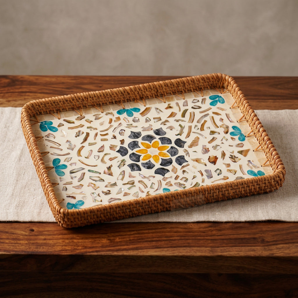 Corail (SET OF 2) — Mother of Pearl Rattan Tray set, Rectangle