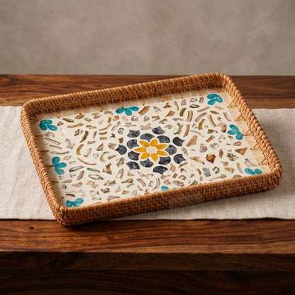 Corail (SET OF 2) — Mother of Pearl Rattan Tray set, Rectangle