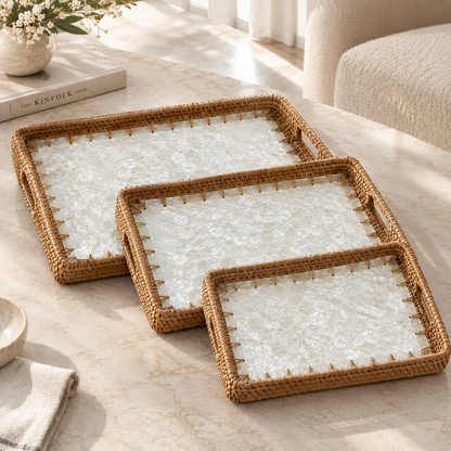 Miel (SET OF 3) — Mother of Pearl Rattan Tray set, Rectangle