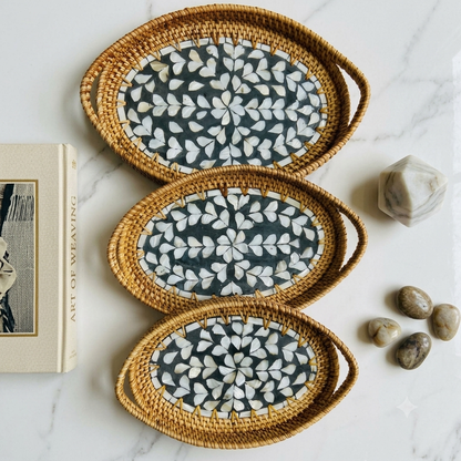 The Nacre (SET OF 3)— Handwoven Rattan Tray with Mother of Pearl Inlay, Oval