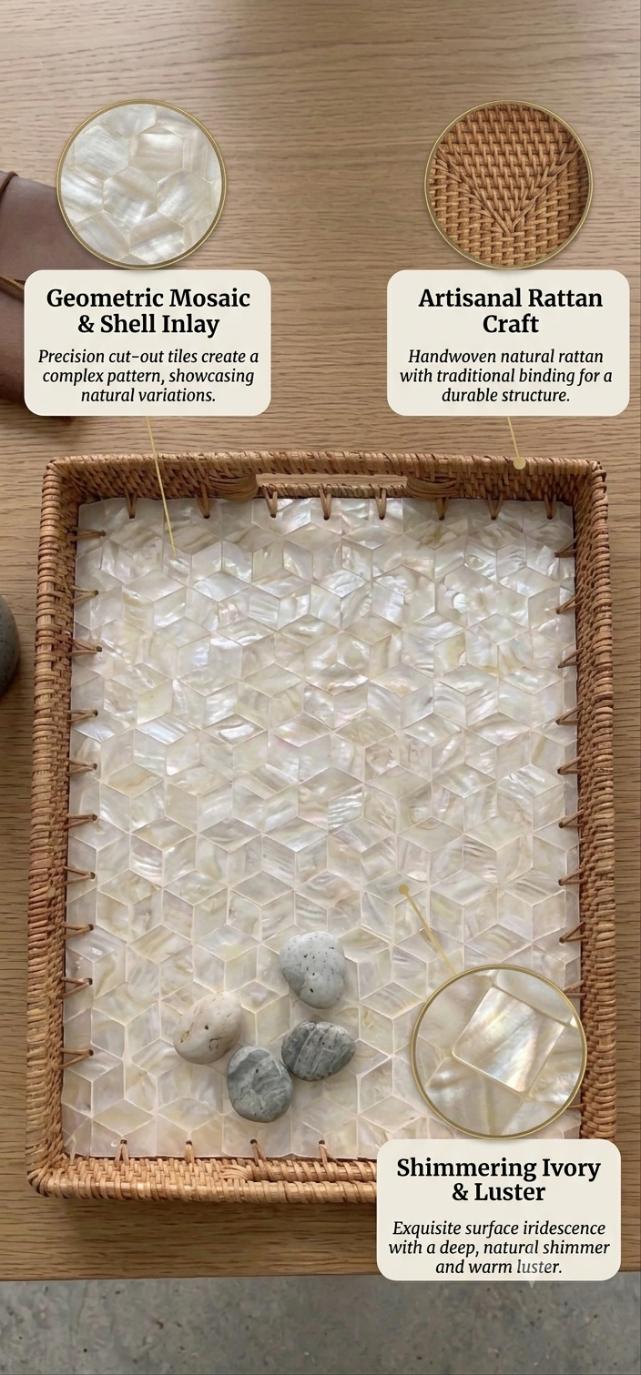 Miel (SET OF 3) — Mother of Pearl Rattan Tray set, Rectangle