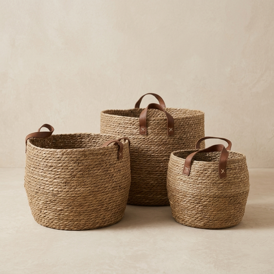 The Terre (SET OF 3) — Handwoven Water Hyacinth Baskets with Vegan Leather Handles