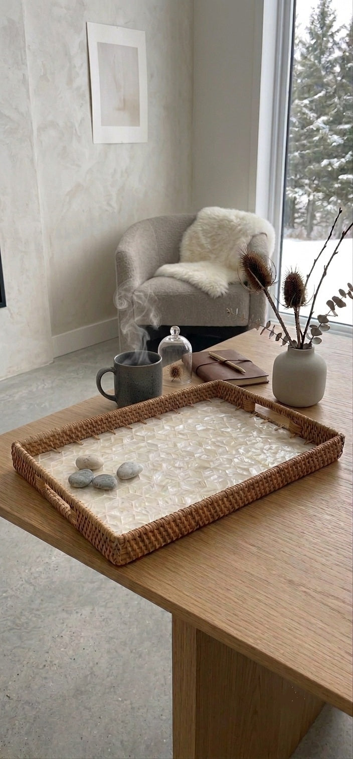 Miel (SET OF 3) — Mother of Pearl Rattan Tray set, Rectangle
