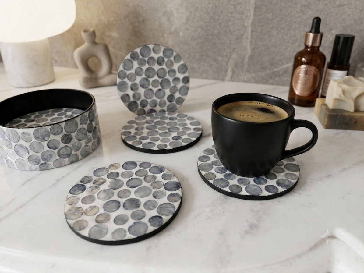 The Mosaïque (SET OF 6 & Holder)— Grey-Blue Mother of Pearl Coaster with Holder