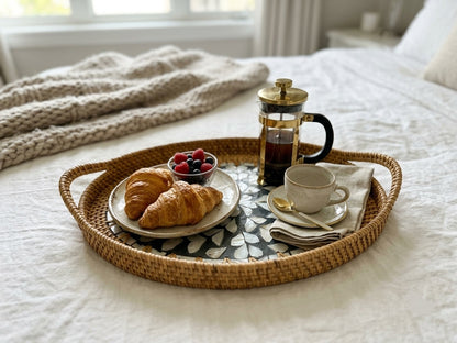 The Nacre (SET OF 3)— Handwoven Rattan Tray with Mother of Pearl Inlay, Oval