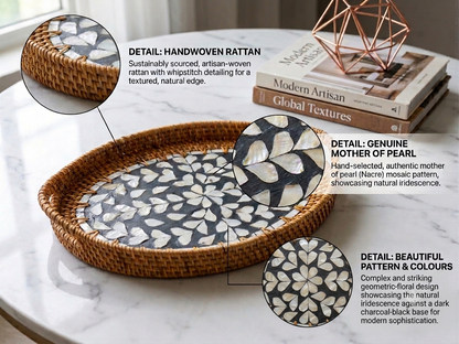 The Nacre (SET OF 3)— Handwoven Rattan Tray with Mother of Pearl Inlay, Oval