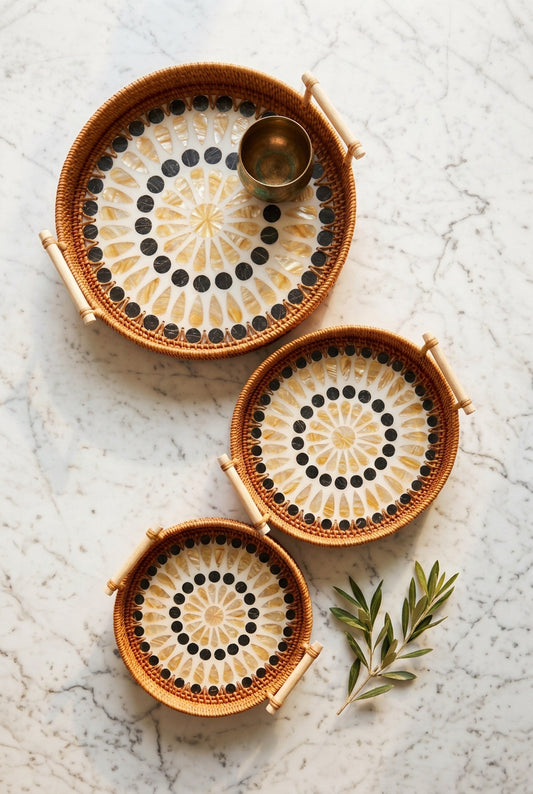 The Soleil (SET OF 3) — Mother of Pearl Rattan Tray set